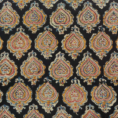 Precut 1.5 Meters Pure Cotton Kalamkari Black With Mustard Motifs Block Print Fabric