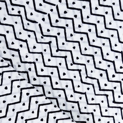 Precut 1.5 Meters Pure Cotton White With Black Line Zigzag & Dot Stripes Hand Block Print Fabric