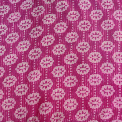 Precut 1.60 Meters Pure Cotton Dabu Kaatha Pink With Flower Dot Stripes Hand Block Print Fabric