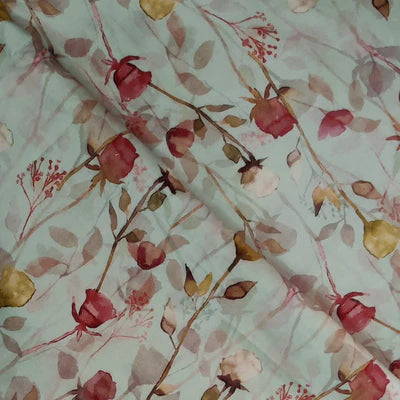 Precut 1.60 Meters Surat Cotton Pastel Green With Rose Garden Digital Print