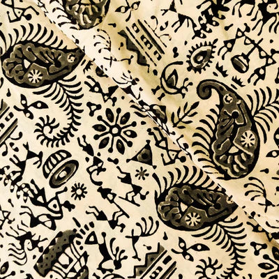 Precut 1.65 Meters Pure Cotton Cream With Grey Warli In The Jungle Screen Print Fabric