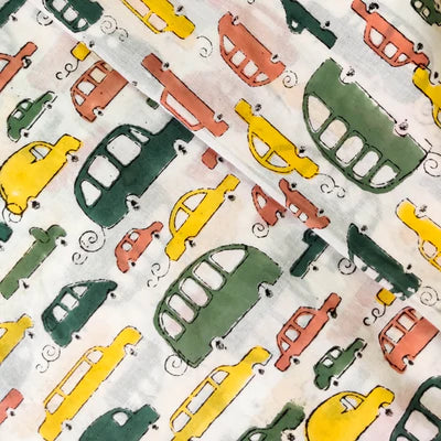 Precut 1.60 meter Pure Cotton White Jaipuri With Peach Green And Yellow Cars Hand Block Print Fabric