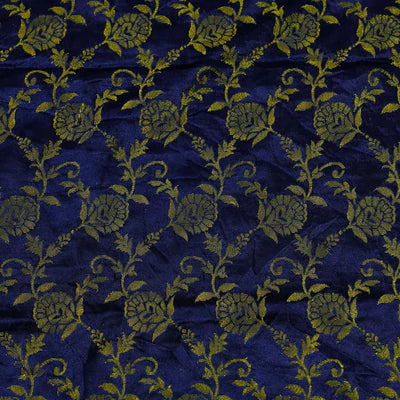 Precut 1.80 Meter Banarasi Rayon Brocade Navy With Gold Floral Jaal Woven Fabric