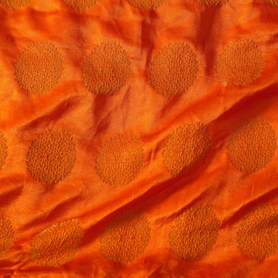 Precut 1.80 Meter Banarasi Satin Brocade Orange With Gold Marrigold Weave Woven Fabric