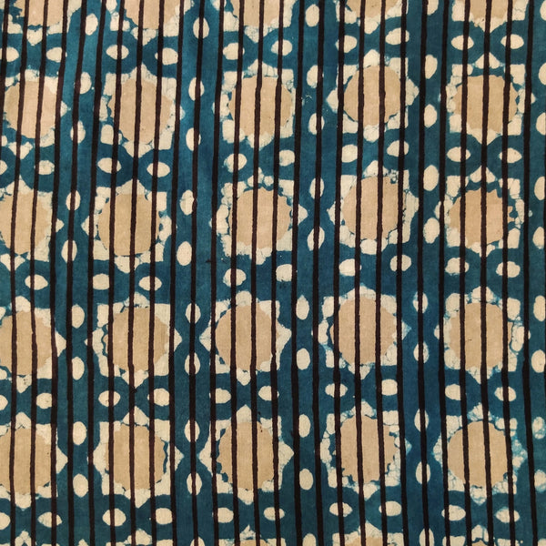 Precut 1.85 Meter Pure Cotton Dull Indigo Dabu Stripes With Brown Stars Hand Block Print Fabric