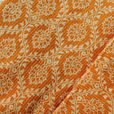 Precut 1.90 Meter Pure Cotton Kaatha Orange With Cream Jaali Hand Block Print Fabric