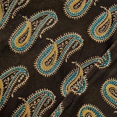 Precut 1.90 Meters Pure Cotton Ajrak Dark Brown With Blue Beautiful Intricate Kairi Motif Hand Block Print Fabric