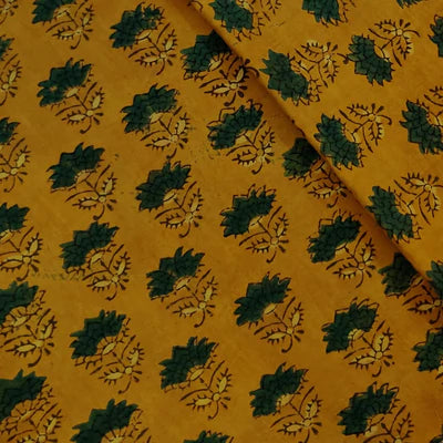 Precut 1.90 Meters Pure Cotton Ajrak Turmeric Dyed With Single Wild Flower Hand Block Print Fabric