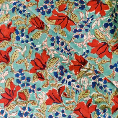 Precut 1.90 Meters Pure Cotton Jaipuri Pastel Sea Red Royal Blue Floral Jaal Hand Block Print Fabric