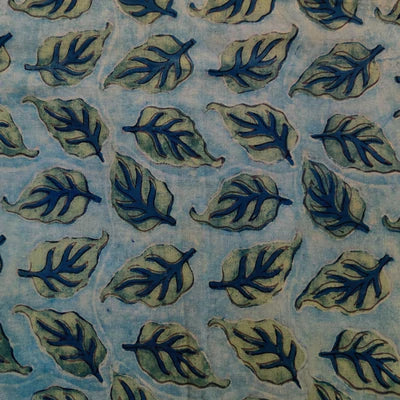 Precut 1.90 meter Pure Cotton Vanaspati Light Textured Blue Green With Fallen Leaves Hand Block Print Fabric