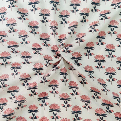 Precut 1,75 Meters Pure Cotton Jaipuri White With Pink Flowers Hand Block Print Fabric