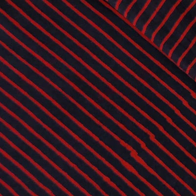 Precut 2.25 Meters Pure Cotton Gamthi Navy With Red Stripes Jaal Hand Block Print Fabric