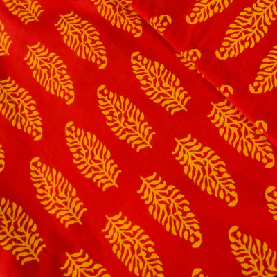 Precut 2.30 Meters Pure Cotton Discharge Dabu Red With Yellow Fern Block Hand Block Print Fabric