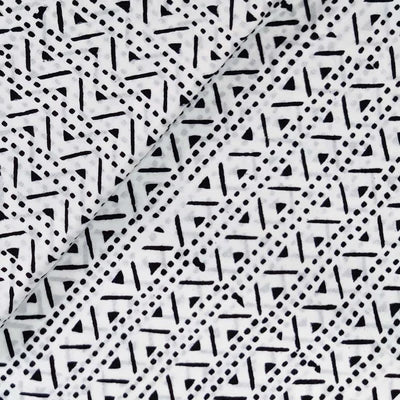 Precut 2.30 meter Pure Cotton White With Black Line Zig Zag Stripes Hand Block Print Fabric