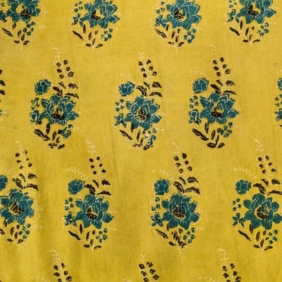 Precut 2.40 Meters Pure Cotton Ajrak Sandy Brown With Blue Flower Bouquet Hand Block Print Fabric