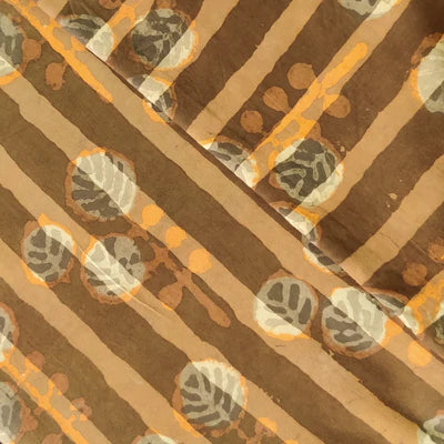 Precut 2.40 Meters Pure Cotton Brown Discharge Jahota Stripes With Three Plant Trippling Hand Block Print Fabric