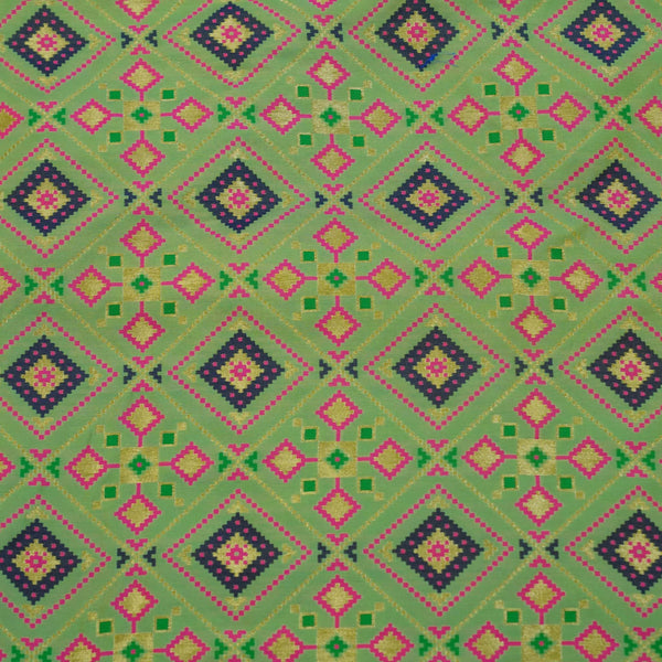 Precut 2 Meter Banarasi Brocade Earthy Green Gold With Pink Green Patola Tile Woven Fabric