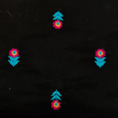 Precut 2 Meter Pure Cotton Black With Blue Magenta Single Flower Plant Embroiedered Fabric