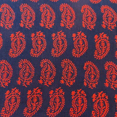 Precut 2 Meter Pure Cotton Gamthi Navy Blue With Orange Kairi Hand Block Print Fabric