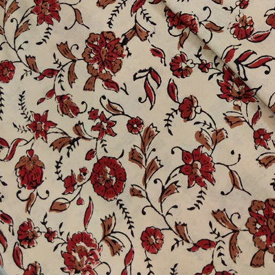 Precut 2 Meters Pure Cotton Dabu Beige With Rust Floral Jaal Hand Block Print Fabric