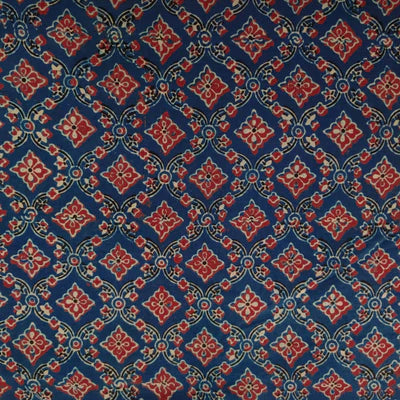 Precut 2 Meters Pure Cotton Double Ajrak Blue With Maroon Tile Hand Block Print Fabric