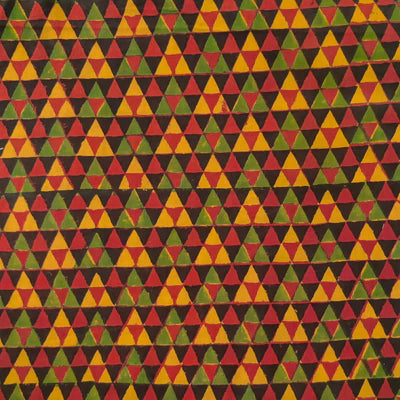 Precut 2 Meters Pure Cotton Double Ajrak With Maroon Black Mustard Green Small Interlocked Triangles Hand Block Print Fabric