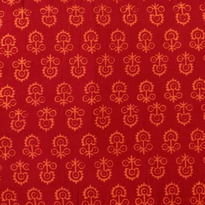 Precut 2 Meters Pure Cotton Gamthi Red With Orange Small Wild Plant Hand Block Print Fabric