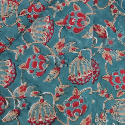 Precut 2 Meters Pure Cotton Jaipuri Blue With Maroon Sandy Mustard Wild Flower Jaal Hand Block Print Fabric