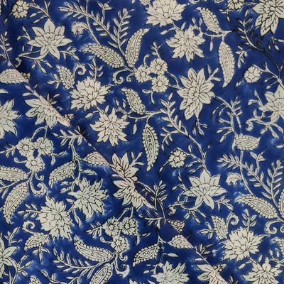 Precut 2 Meters Pure Cotton Jaipuri Blue With White Floral Jaal Hand Block Print Fabric