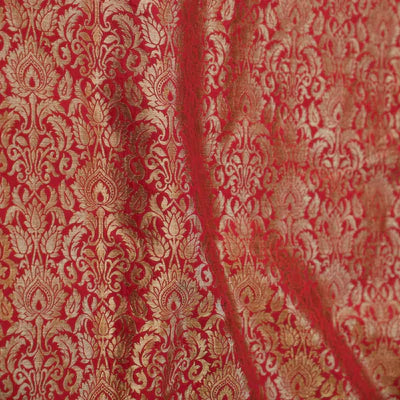 Precut 2 meter Banarasi Brocade Rustic Red With Beige Gold Zari All Over Pattern Woven Fabric