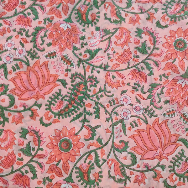 Precut ( 1.20 Meter ) Pure Cotton Jaipuri Pastel Pink With Lotus Jaal Hand Block Print Fabric