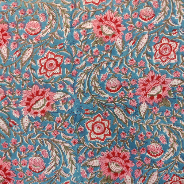 Precut ( 1.25 Meter ) Pure Cotton Jaipuri Blue With Shades Of Pink Jaal Hand Block Print Fabric