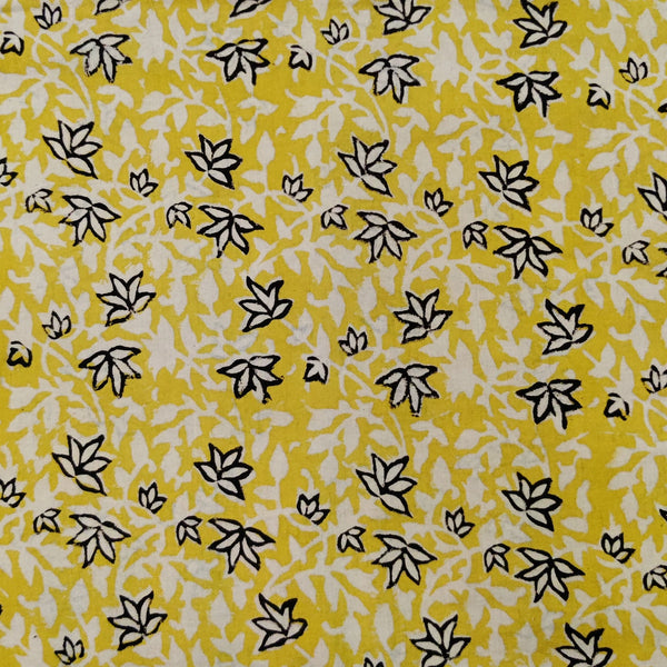 Precut ( 1.30 Meter ) Pure Cotton Dabu Bagru Yellow With Black Cream Lotus Jaal Hand Block Print Fabric