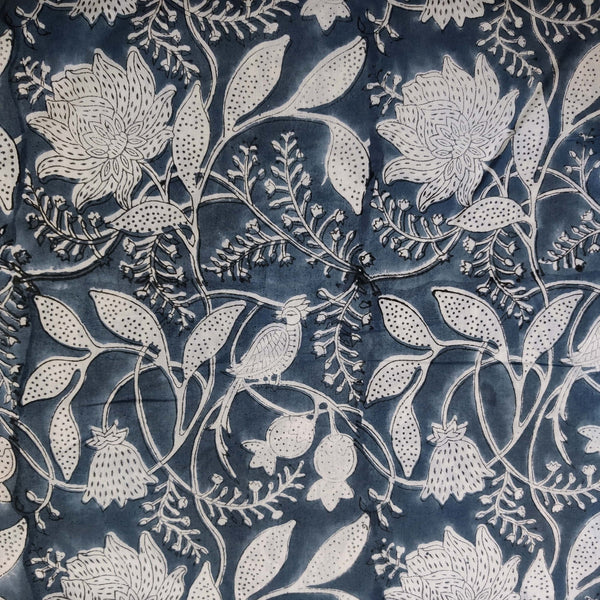 Precut ( 1.30 Meter ) Pure Cotton Jaipuri Grey With Big Wild Flowers Jaal Hand Block Print Fabric