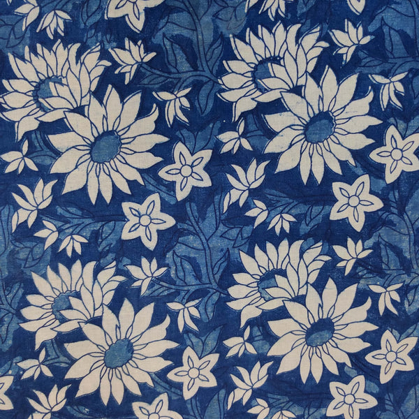 Precut ( 1.95 Meter ) Pure Cotton Indigo Sunflower Hand Block Print Fabric