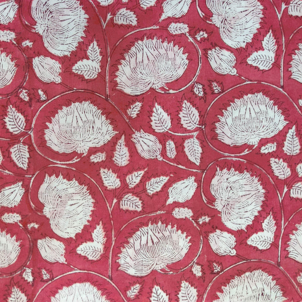 Precut ( 1.5 Meter ) Pure Cotton Jaipuri Red With White Lotus Jaal Hand Block Print Fabric