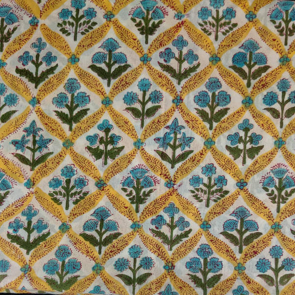 Precut ( 1.5 Meter ) Pure Cotton Jaipuri White With Plant In The Window Hand Block Print Fabric