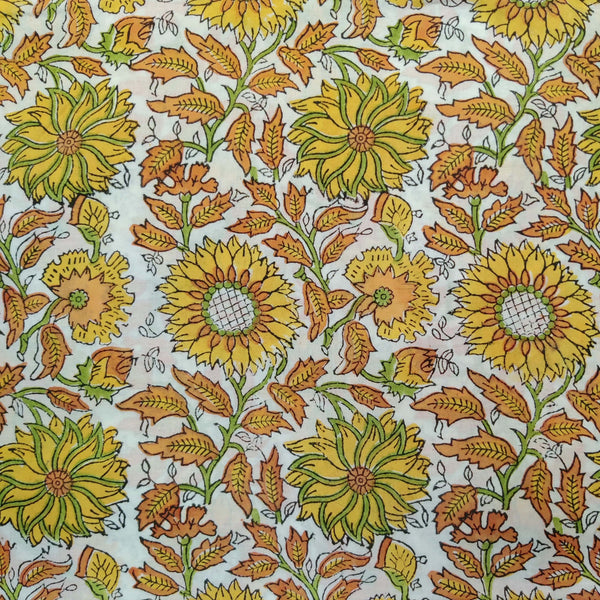 Precut ( 1.5 Meter ) Pure Cotton Jaipuri White With Shades Of Yellow Sun Flower Hand Block Print Fabric