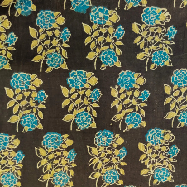 Precut ( 1.5 meter ) Pure Cotton Ajrak Dark Brown With Blue Rose Plant Motif Hand Block Print Fabric