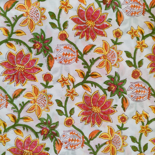 Precut ( 1.70 Meter ) Pure Cotton Jaipuri White With Mustard Pinkish Red Wild Jaal Hand Block Print Fabric