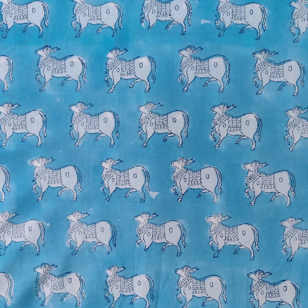 Precut ( 1.90 Meter ) Pure Cotton Jaipuri Light Blue With Moo Hand Block Print Fabric