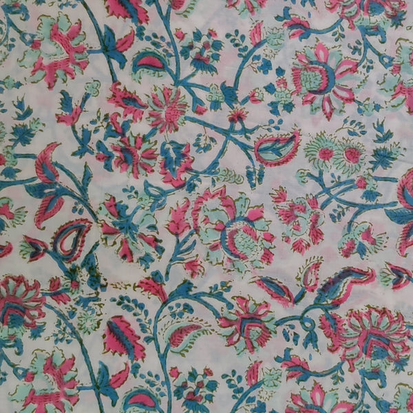 Precut ( 1.90 Meter ) Pure Cotton Jaipuri White With Pink Teal Mint Green Jaal Hand Block Print Fabic