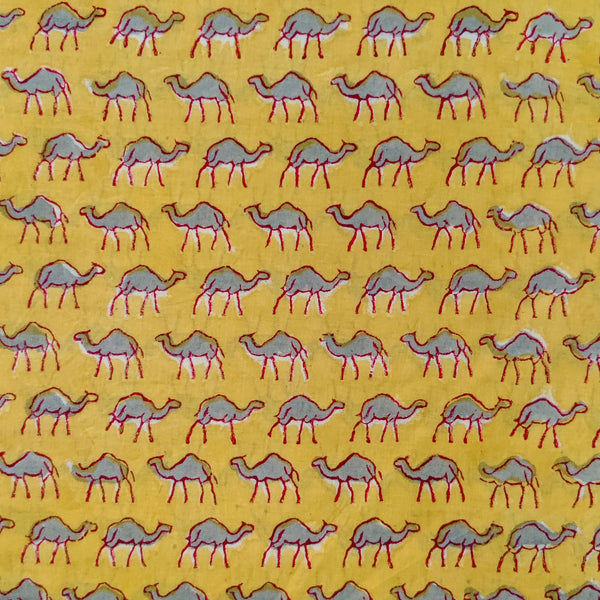 Precut ( 1.90 Meter ) Pure Cotton Jaipuri Yellow With Grey Camel Hand Block Print Fabric