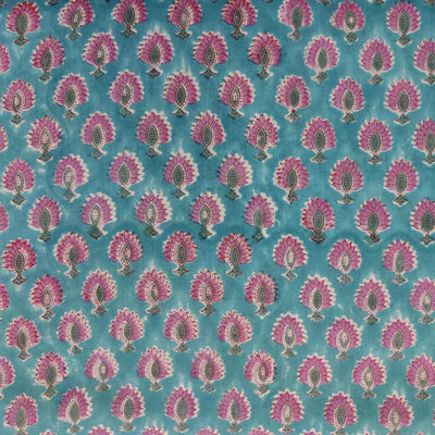 Precut ( 2 Meter ) Pure Cotton Jaipuri Teal Blue With Purple Tiny Fowers Hand Block Print Fabric