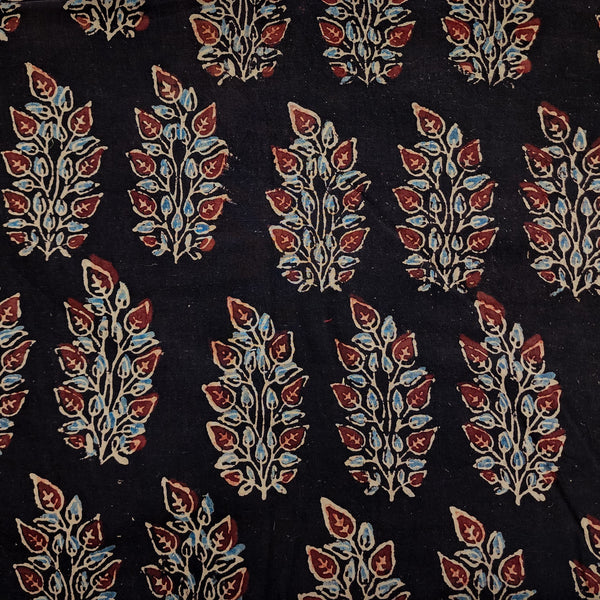 Pure Cotton Ajrak Black With Rust Leafy Plant Hand Block Print