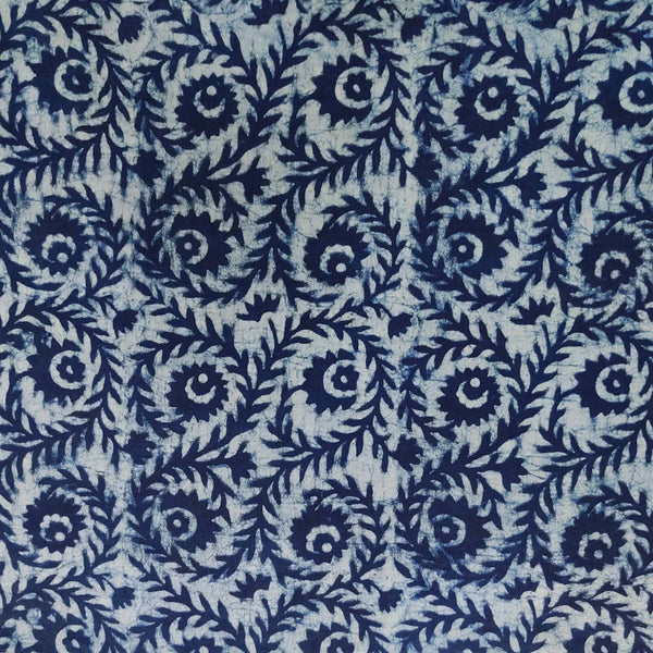 Pre Cut 2.40 meter Pure Coton Special Akola Light Indigo With Curvy Creeper Hand Block Print Fabric