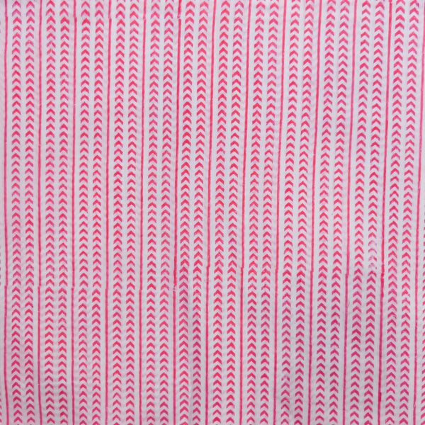 Pure CottonJaipuri White With Pink Tiny Arrowhead Border Hand Block Print Fabric