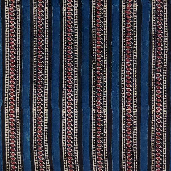 Pure Cotton Double  Ajrak Black And Blue Intricate Stripes Hand Block Print Fabric