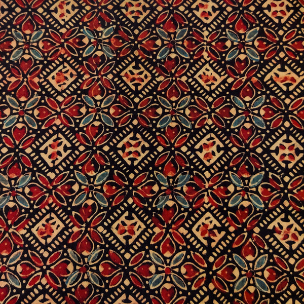 Pure Cotton Ajrak Black With Beige Blue Rust Persian Tiles Hand Block Print Fabric