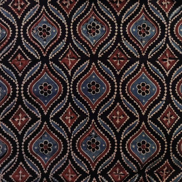 Precut 2 Meter Pure Cotton Ajrak Black With Curvy All Over Pattern Hand Block Print Fabric